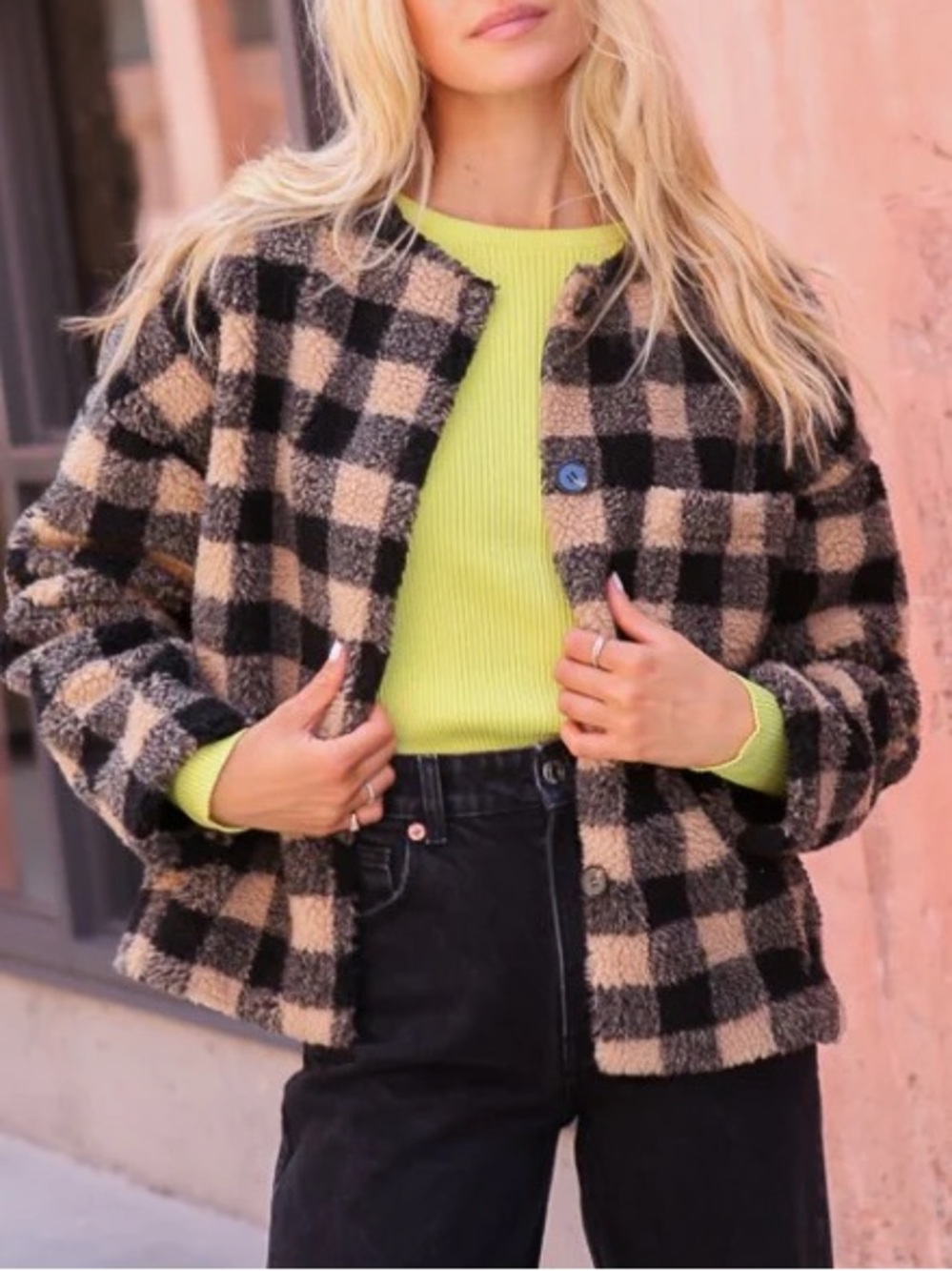 New! Lumiere Checked Sherpa Jacket Black & Tan small and large